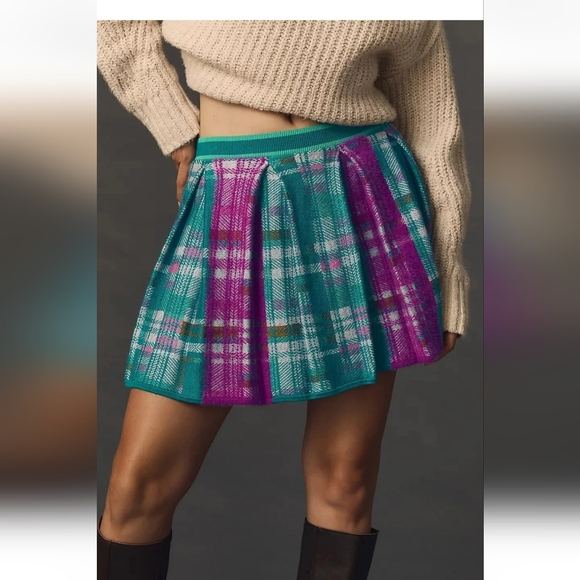 Anthropologie Purple Blue Plaid Pleated Knit Mini Skirt Large - Picture 1 of 7